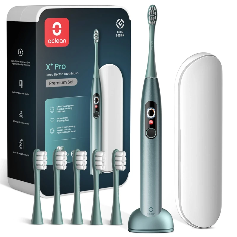 Oclean Sonic Electric Toothbrush Adults X Series Pro Travel Set, Smart Touchscreen, 3 Modes, 84000 VPM, Lasts 30 Days, 2 in 1 Magnetic Charger Wall-Mount, 6 Replacement Heads & Travel Case - Green