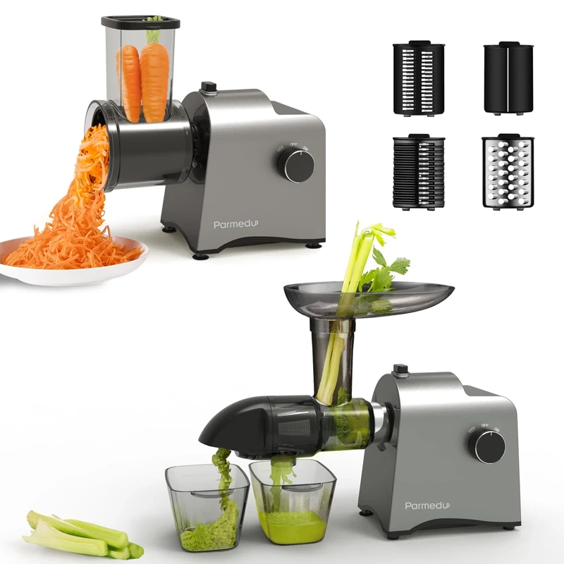 Parmedu Slow Masticating Juicer & Veggies Grater: Cold Press Juicer for Vegetable & Fruit Electric Slicer Salad Maker with Reverse Function - 250W Quiet Motor Easy to Clean, Celery Juicer with Brush