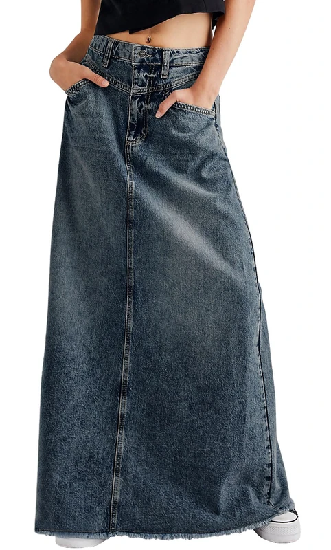 CHARTOU Women Vintage Denim Maxi Skirt Frayed Raw Hem High Waist A-Line Long Jean Skirt, Blue, XL