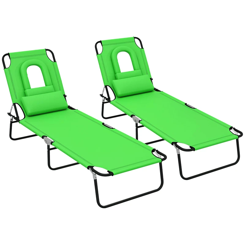 Outsunny Folding Sun Loungers Set of 2 with Face Hole, 4-Position Adjustable Backrest Garden Recliner Chairs Sunbeds, Outdoor Lounge Chairs with 600 D Oxford Cloth Seat, Pillow for Beach, Green
