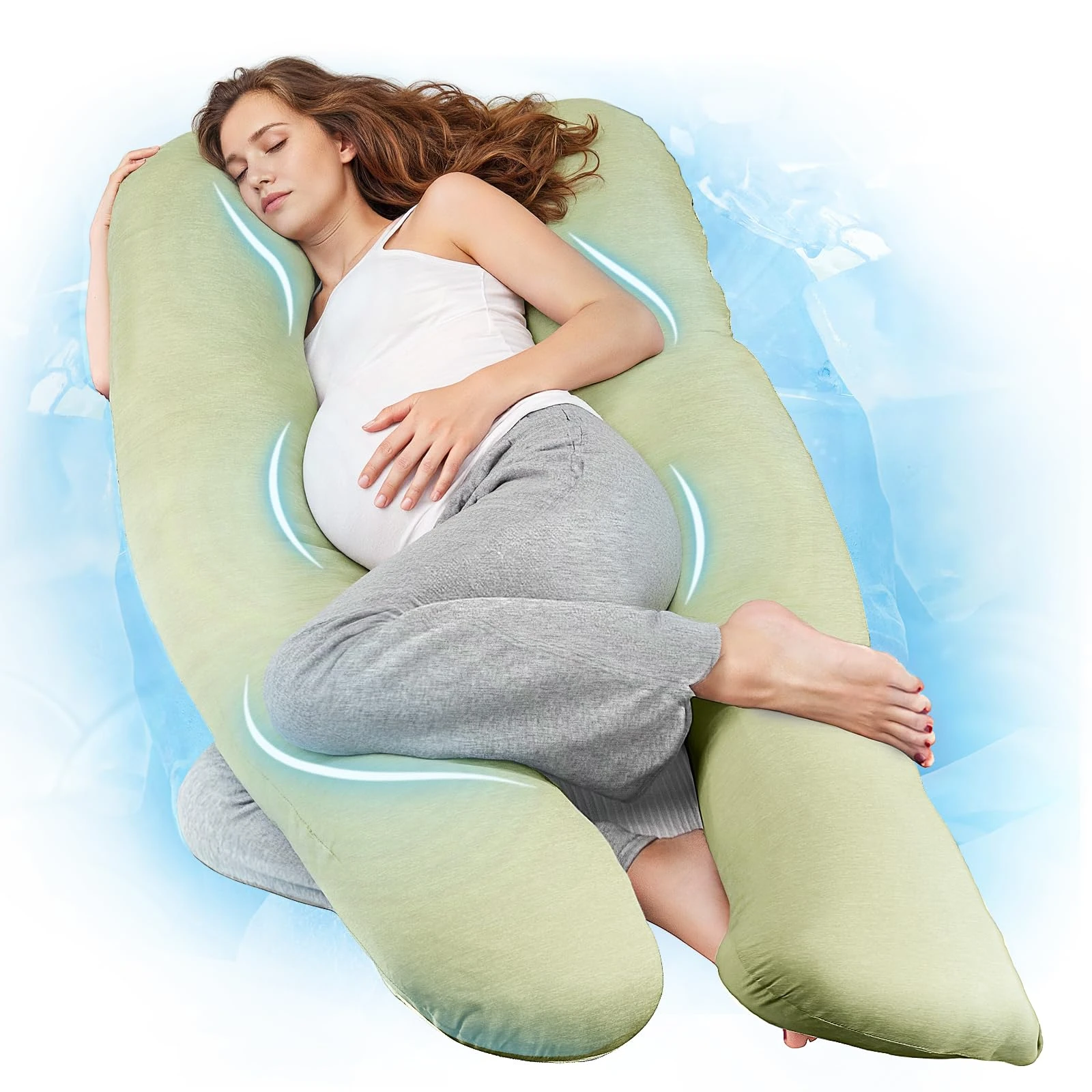 Nuliie Pregnancy Pillow for Sleeping, U Shaped Full Body Pillow with Washable Cooling Fabric Cover, Maternity Pillow Support for Back, Hips, Legs for Pregnant Women (Cooling Light Green)