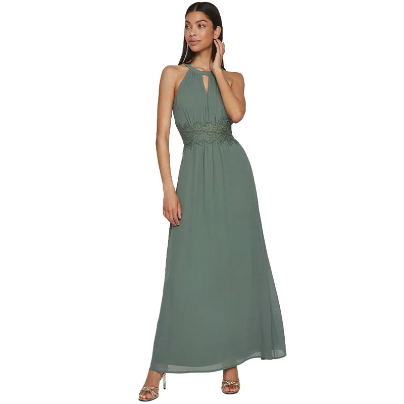 Vila VIMILINA Halterneck Maxi Dress - Noos, Laurel Wreath/Detail:Elastic, 16