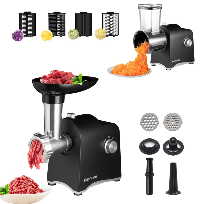 Parmedu Electric Cheese Grater & Meat Grinder: 2 in 1 Vegetable Cutter Veggie Slicer Vegetable Shredder Chopper Kitchen Grater Salad Maker Meat Mincer Sausage Maker & Kibbeh Kit (Total 11 Attachments)
