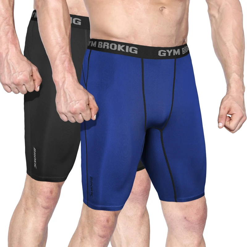 BROKIG Mens Stable Gym Compression Shorts, Lightweight Performance Base Layer Short Quick Dry Tight Sports Underwear (Large, Black+Blue)