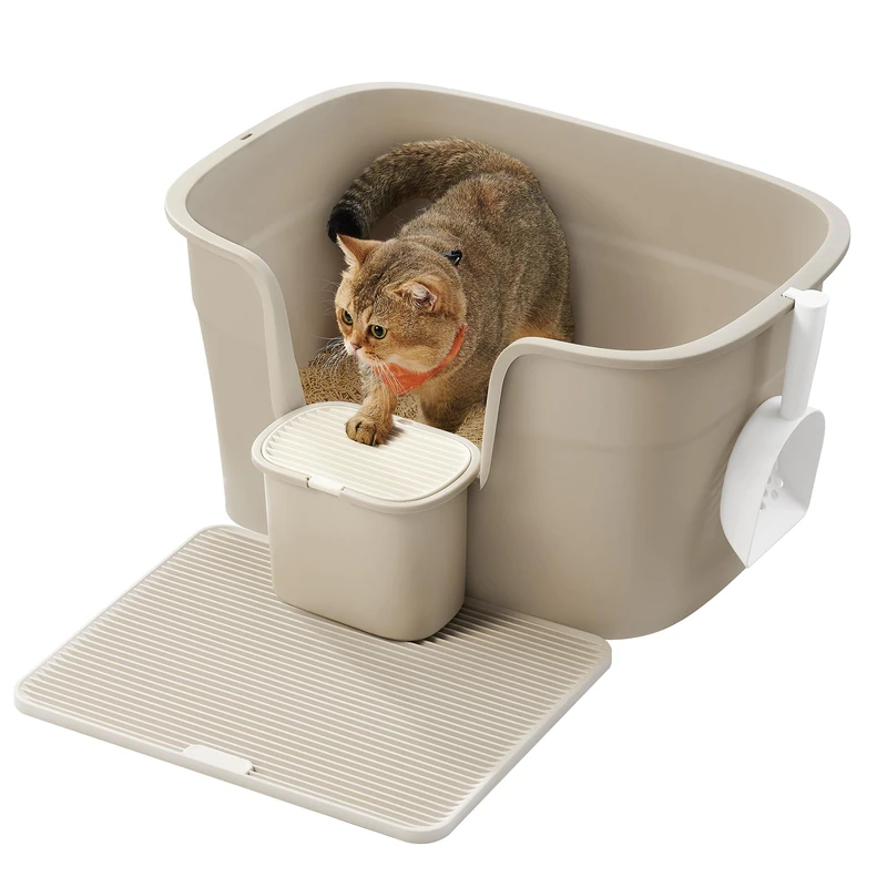 Feandrea Extra Large Cat Litter Box with Hide Sides, Includes Litter Catcher Board, Storage Box, Scoop, for Large Cats, Cappuccino Beige PPT003K01