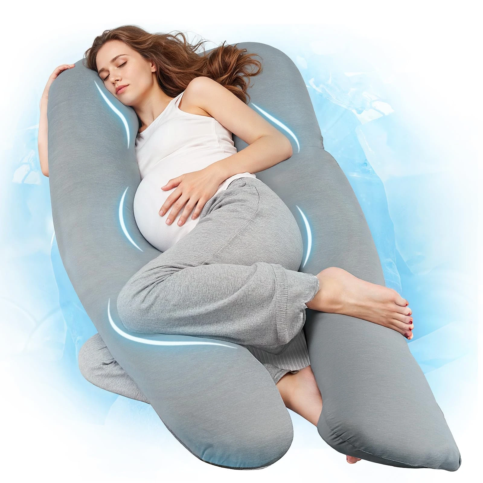 Nuliie Pregnancy Pillow for Sleeping, U Shaped Full Body Pillow with Washable Cooling Fabric Cover, Maternity Pillow Support for Back, Hips, Legs for Pregnant Women (Cooling Light Grey)
