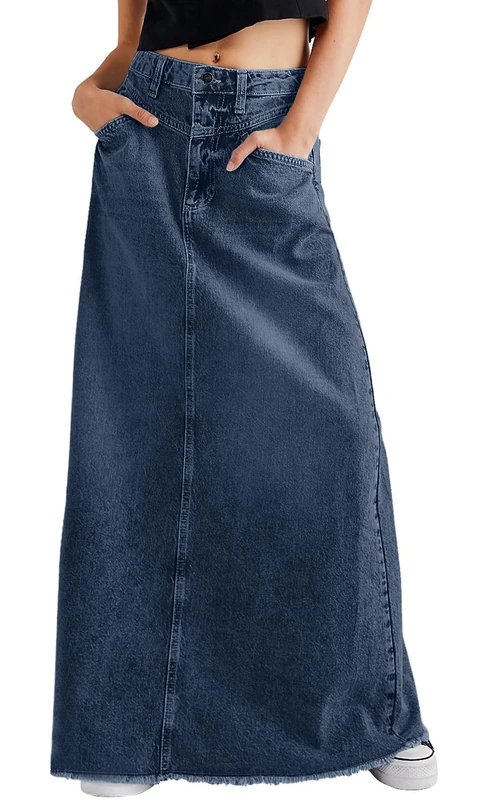 CHARTOU Women Vintage Denim Maxi Skirt Frayed Raw Hem High Waist A-Line Long Jean Skirt, Dark Blue, XS