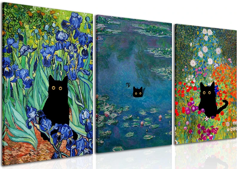 Monet Wall Art Set, Funny Cat in Water Lilies, Canvas Prints, Garden Flowers, Black Cat, Aesthetic Pictures for Room, Bedroom, Living Room, Bathroom, 40.6 x 61 cm, Framed
