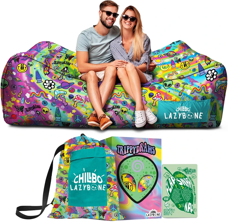 Chillbo x TrippyDraws Lazybone Inflatable Couch - Ultimate Inflatable Lounger for Maximum Chill - The Perfect Blow Up Couch for Music Festivals