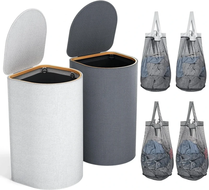 HELLKOPF Pack of 2 Laundry Baskets with Lid, 140 L Large Capacity, Laundry Hamper with 2 Compartments for Sorting Dirty Laundry, 4 Removable Inner Bags, Laundry Baskets and Easy to Assemble, Black