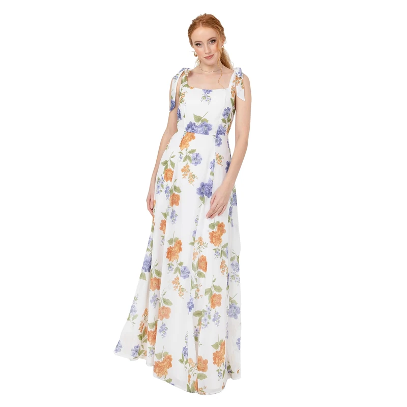 Anaya with Love Womens Maxi Ladies Sleeveless Square Neck Bow Tie Straps A-line Floral Shirred Back Bridesmaid Wedding Guest Prom Dress, Ivory Floral Print, 22 UK