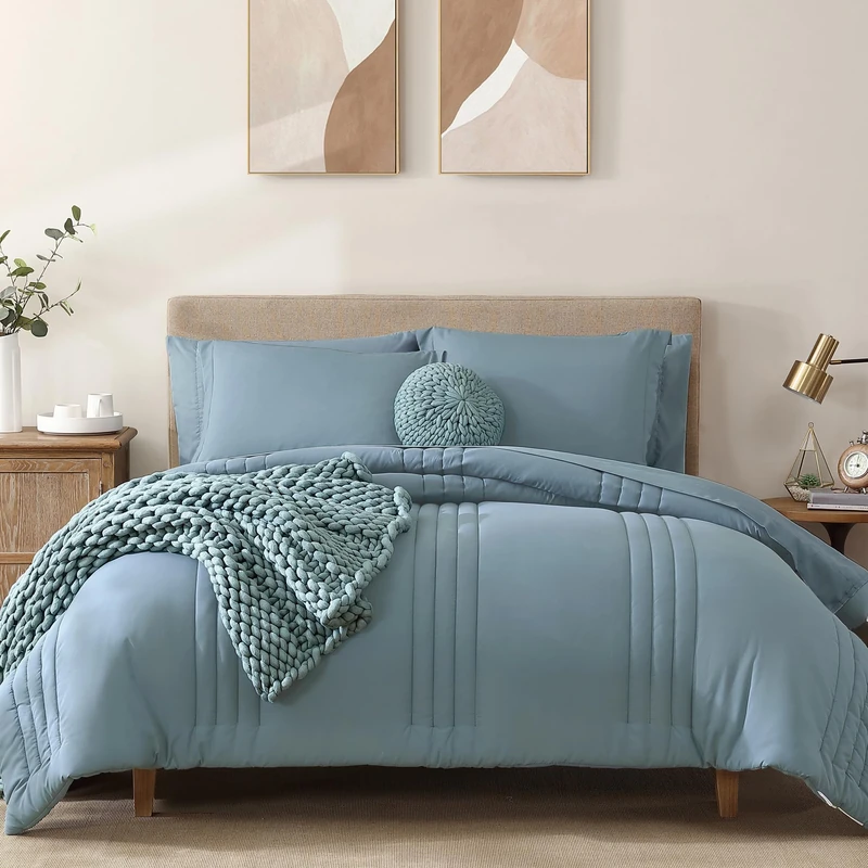 Monbix Queen Comforter Set - 7 Pieces Dusty Blue Bed in a Bag Queen Bedding Sets with Comforters, All Seasons Comforter Bed Set with Sheets, Pillowcases & Shams