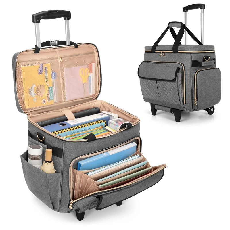 LUXJA Rolling Teacher Bag with Laptop Compartment and Detachable Dolly, Multifunctional Rolling Briefcase with Accordion File Area (Patent Pending), Gray, 15.75 x 9 x 14.25 inches