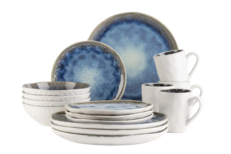 MÄSER 934092 Frozen Series Ceramic Crockery Set for 4 People, 16-Piece Crockery Set with Organic Shapes, Blue Speckled Service, Stoneware, Dark Blue