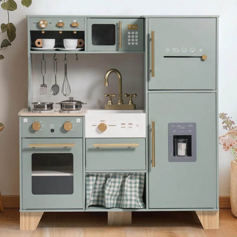 ROBUD Wooden Play Kitchen with Fridge – Pretend Cooking Toy for Boys & Girls Ages 3+ – Green