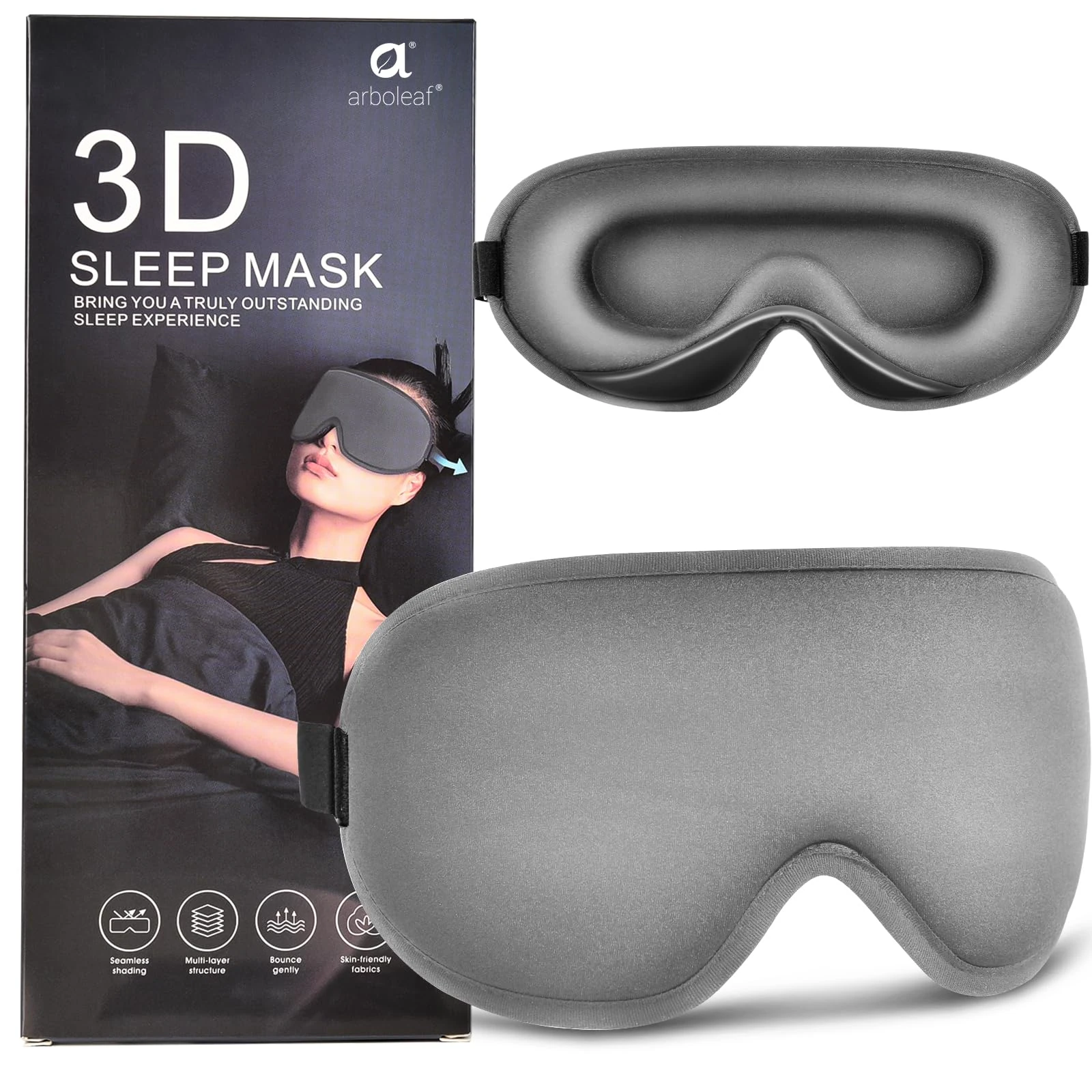 arboleaf Sleep Mask Blackout Eye Mask for Sleeping Comfort Sleeping Mask for Deep Sleep, Travel Bliss, and Serene Naps Grey