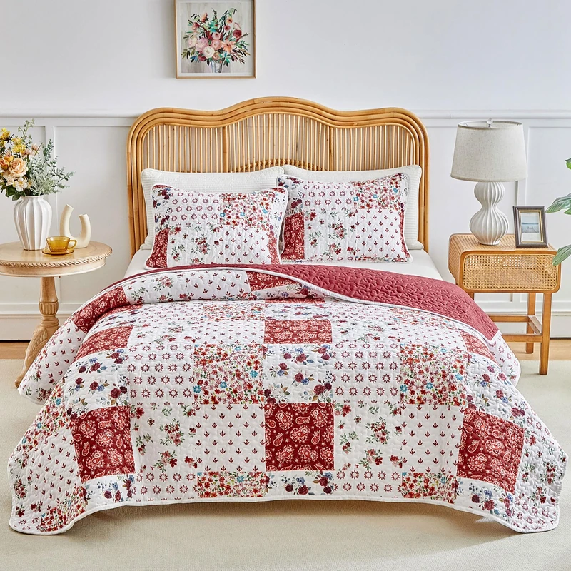 Joyreap 3 Pieces Quilt Set California King, 102x114 inches- Floral Patchwork Burgundy Red n White Flowers Design, Smooth Soft Microfiber Quilt, Bedspread Bed Cover for All Season