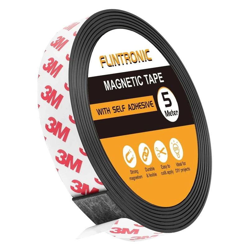Flintronic 5m Magnetic Tape Self Adhesive, 20mm Magnet Strips for Window Screen/Door Curtain, Magnetic Strips with self Adhesive Backing, Cut and Stick Freely, for Whiteboards, Fridge Organization