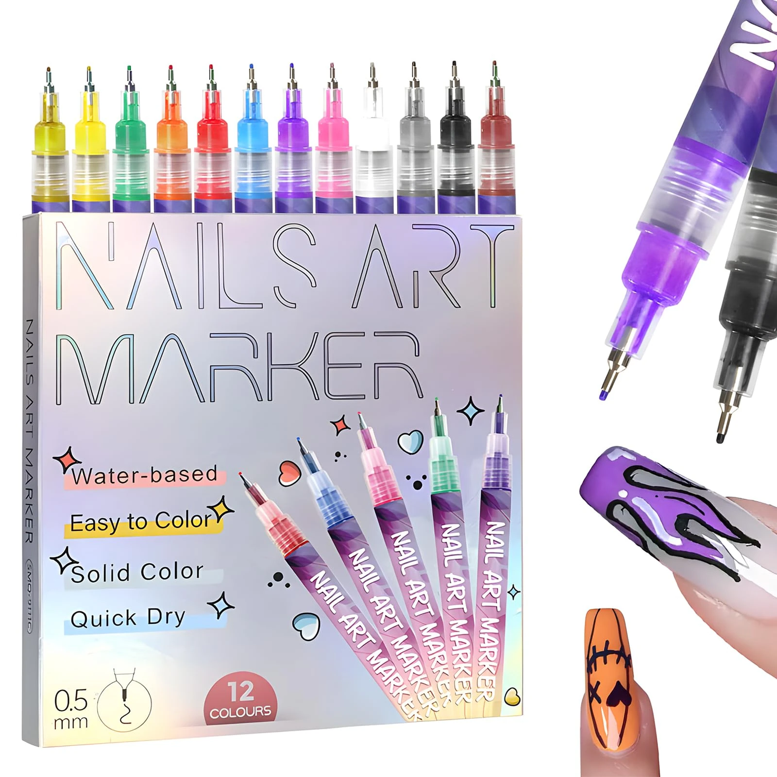 Gorvalin Fine Tips 3D Nail Art Polish Pens, 12 Colors 0.5MM Nail Tip Pens Nail Point Graffiti Dotting Pen Drawing Painting Liner Brush for Home Salon Quickly DIY Nail Art