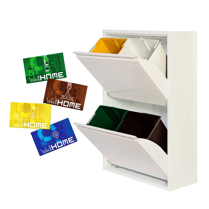 WELL HOME MOBILIARIO & DECORACIÓN 4 x 17L (68L) Matt White Metal Recycling Bin 4 Compartment + 4 Magnetic Labels