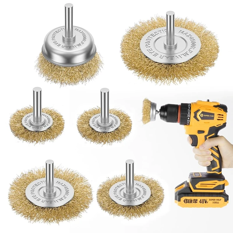 Flintronic Wire Brush for Drill, 6PCS Metal Wire Brushes Drills Set, Brass Coated wire Wheel Cup Brush Drills with 1/4" Shank, Drill Attachment for Cleaning Rust, Paint Removal and Cleaning Wood