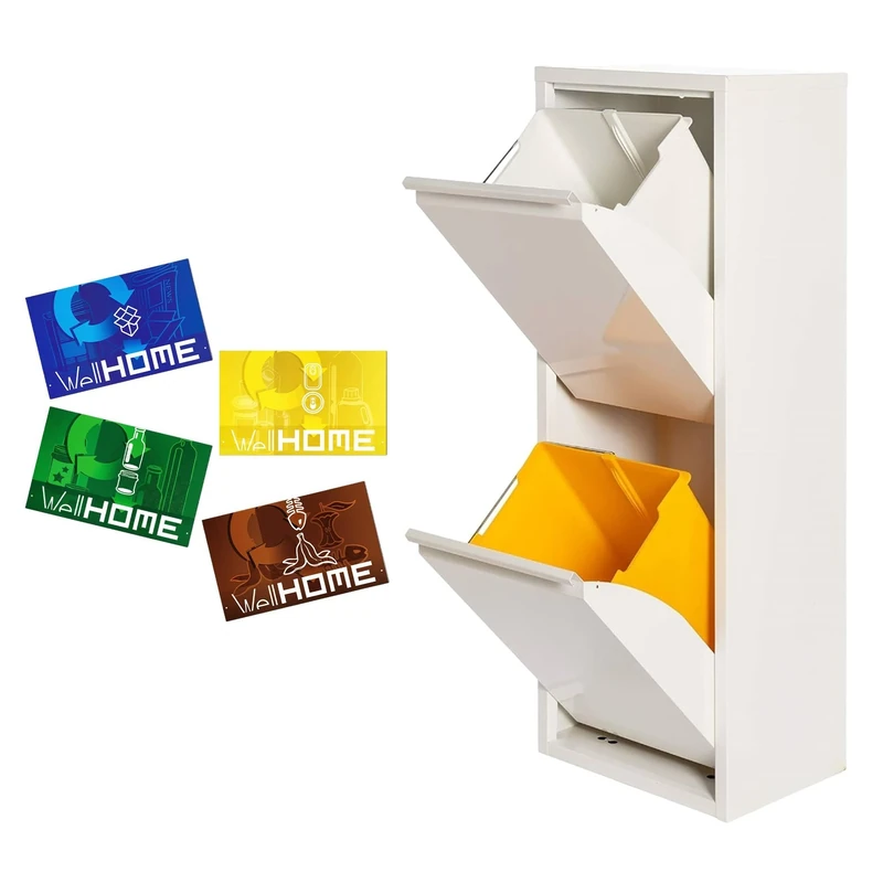 WELL HOME MOBILIARIO & DECORACIÓN 2 x 17L (34L) Matt White Metal Dustbin and Recycling Bin 2 Compartments + 4 Magnetic Labels