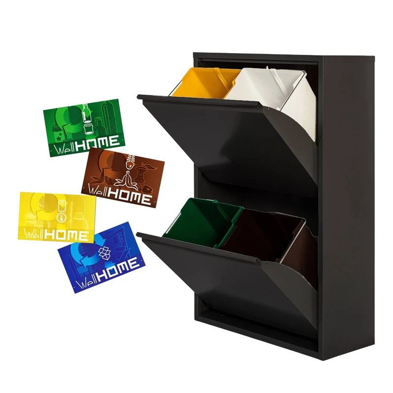 WELL HOME MOBILIARIO & DECORACIÓN 4 x 17L (68L) Matt Black Metal Dustbin & Recycling Bin 4 Compartment + 4 Magnetic Labels - Image 1