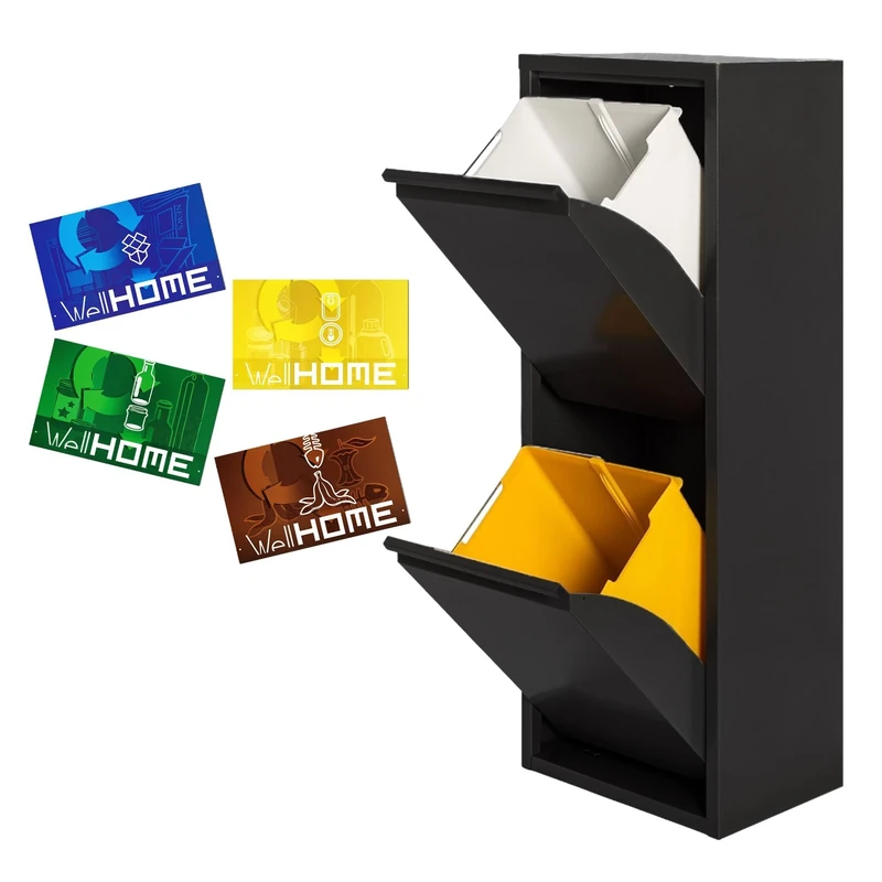 WELL HOME MOBILIARIO & DECORACIÓN 2 x 17L (34L) Matt Black Metal Bin with 2 Compartments + 4 Magnetic Labels