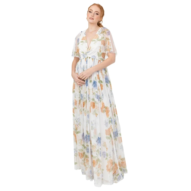 Anaya with Love Women's Maxi Dress Ladies Short Flutter Sleeve V-Neck Twist Front Empire A-line Tulle Bridesmaid Wedding Guest Prom Ivory Floral Print 10