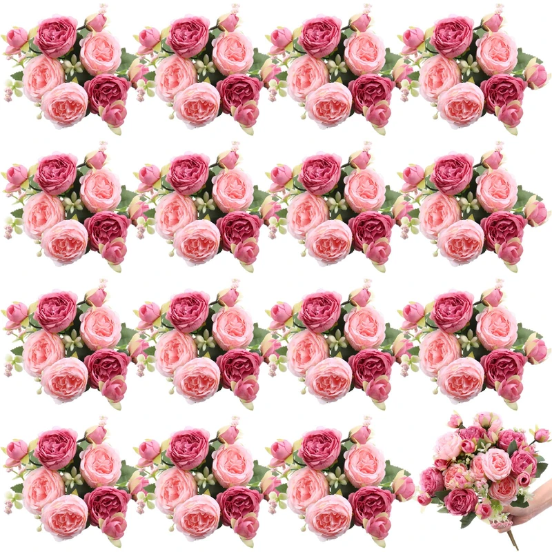 Yuxung 16 Bundles Artificial Peonies Silk Peonies Faux Flower Bouquet Fake Peony Flower Arrangements Table Centerpieces for Vase Wedding Party Boho Home Office Decoration Bulk (Rose Red, Pink)