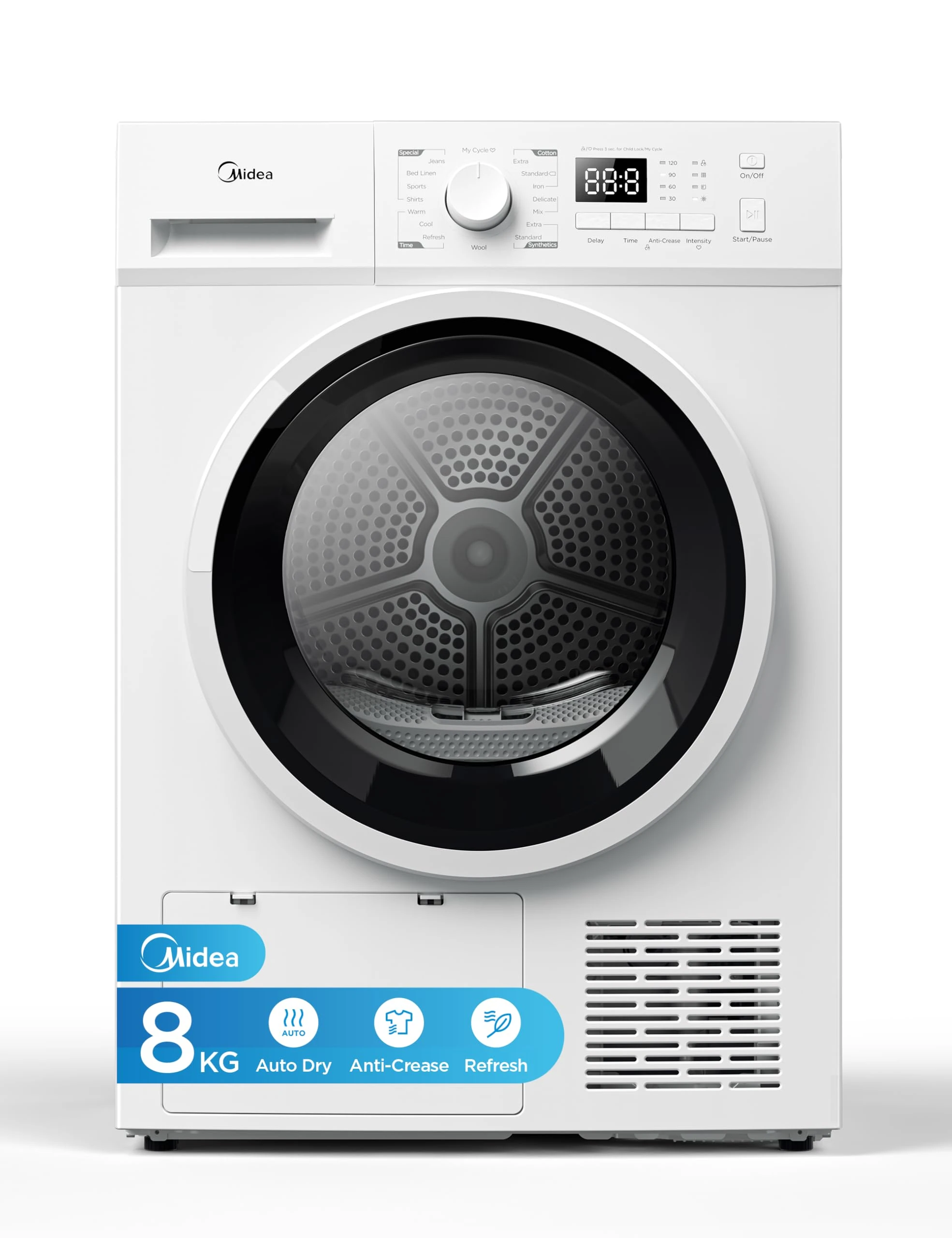 Midea MDG09EH80/1 Freestanding Heat Pump Dryer, 8kg load, 16 Programmes, Auto-Dry, Anti-Crease, Delay Start, Child Lock, White