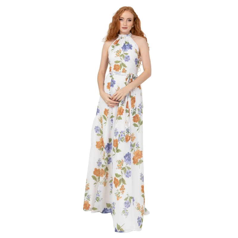 Anaya with Love Women's Maxi Dress Ladies Sleeveless Halter Neck Waist Bow Tie Sash Belt Shirred Bridesmaid Wedding Guest Prom Ball Gown, Ivory Floral Print, 8 - Image 1