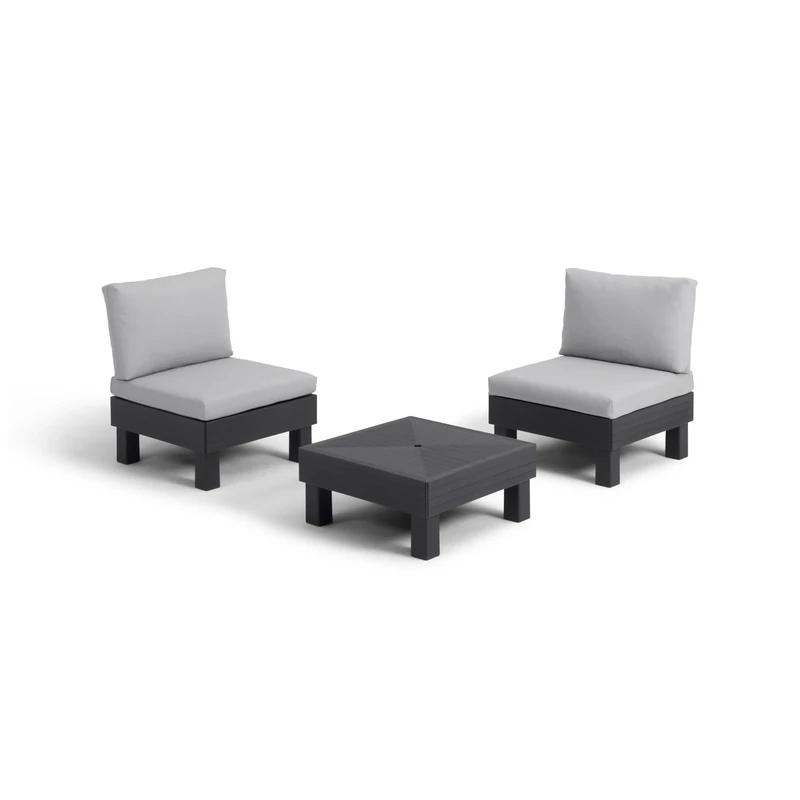Keter Elements 2 Seater 100% recycled Outdoor Garden Furniture Modular Balcony Set - Graphite with Grey Cushions Fade Free | All Weather Resistant | Easy Clean | Zero Maintenance