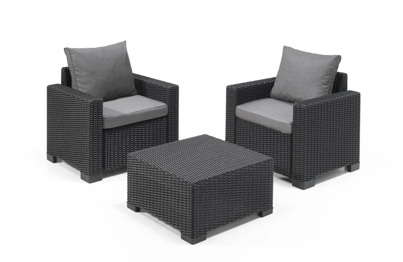 Keter California 2 Seater 83% recycled Outdoor Garden Furniture Balcony Set - Graphite with Grey Cushions Fade Free | All Weather Resistant | Easy Clean | Zero Maintenance