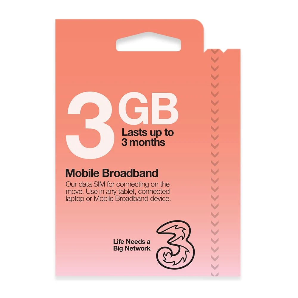 Three Mobile Pay As You Go Mobile Broadband 3 GB data SIM