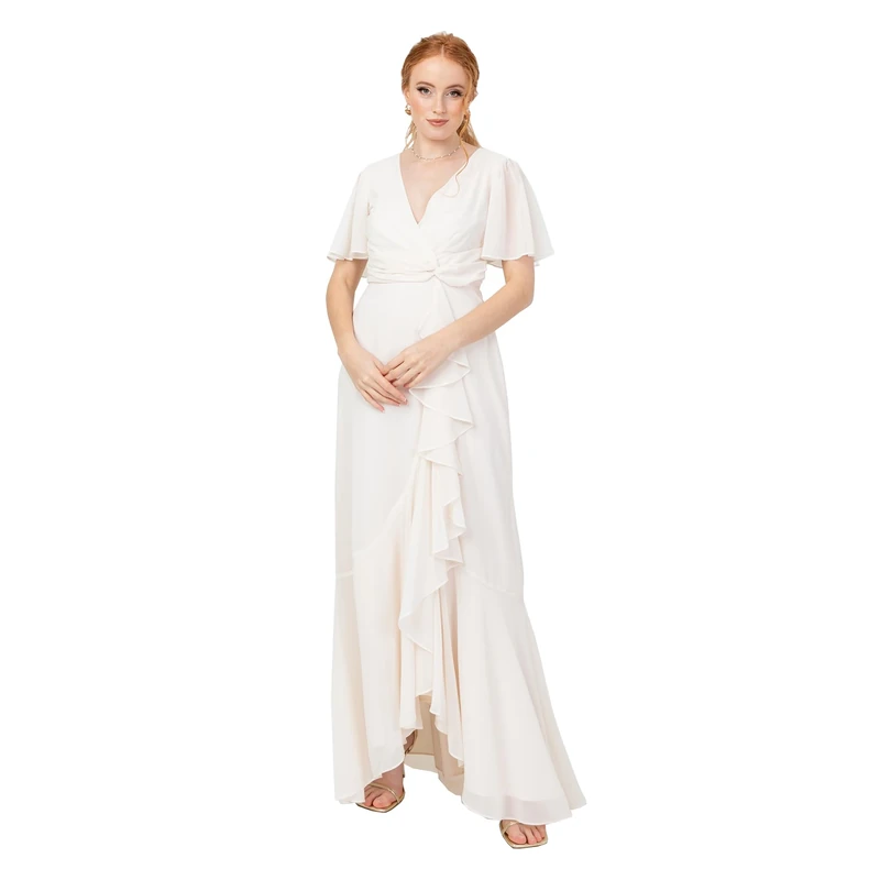 Anaya with Love Women's Maxi Dress Ladies Wrap V-Neck Flutter Sleeve Ruffle A-line Bridesmaid Wedding Guest Occasion Prom Ball Gown Ivory 10