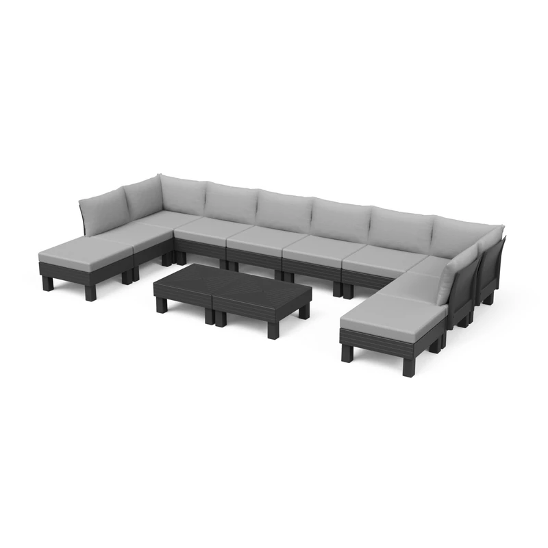 Keter Elements 10 Seater 100% recycled Outdoor Garden Furniture Modular Lounge Set - Graphite with Grey Cushions Fade Free | All Weather Resistant | Easy Clean | Zero Maintenance