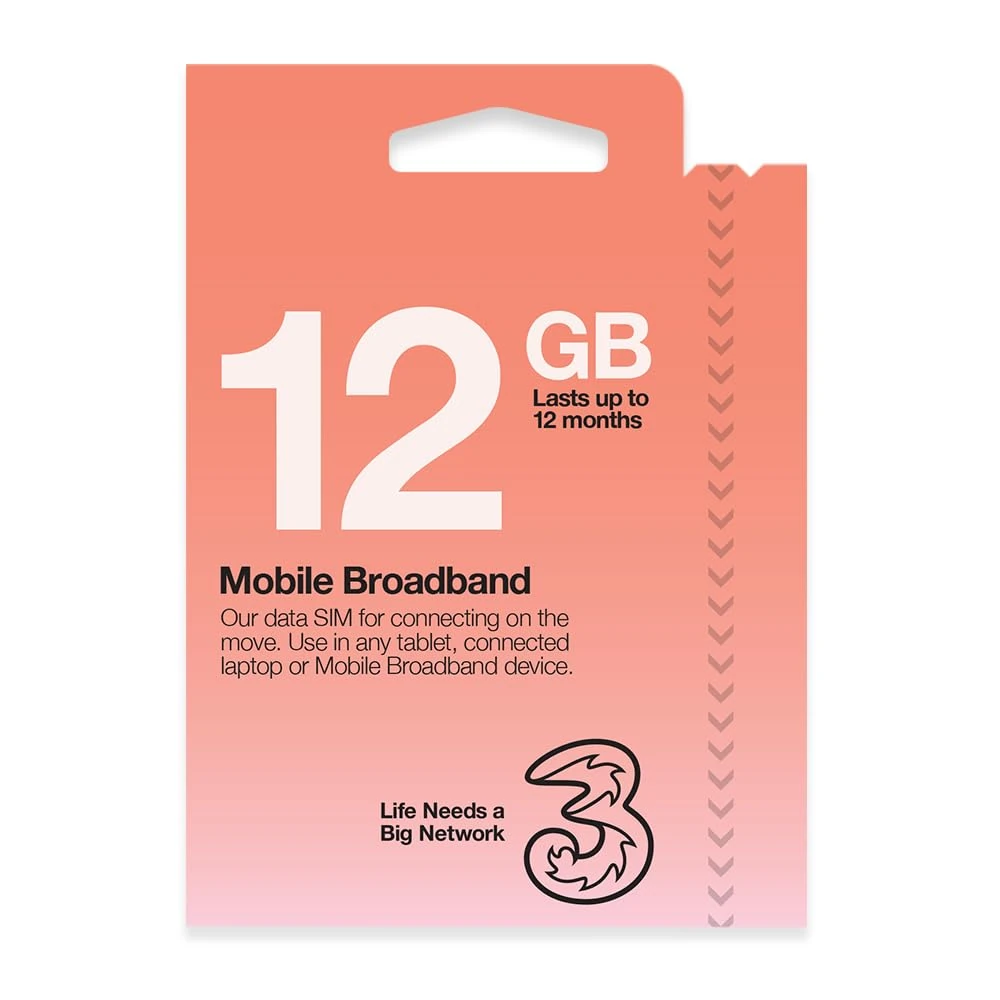 Three Mobile Pay As You Go Mobile Broadband 12 GB data SIM