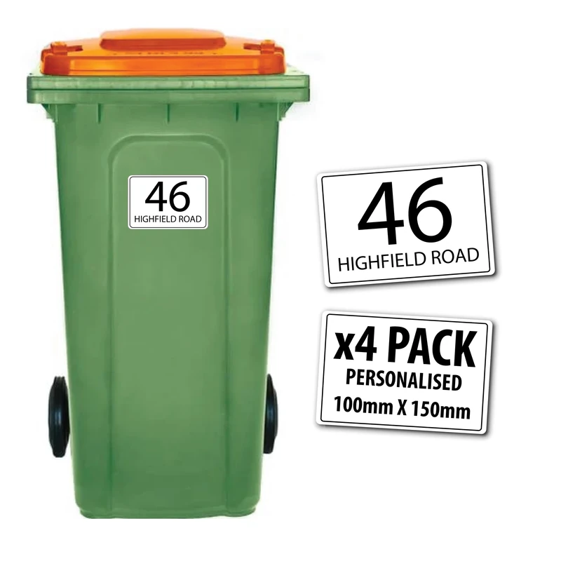 4x Wheelie Bin Stickers Personalised House Number Road Name 100mm x 150mm Weatherproof UV Resistant Wheelie Bin Front Lid Stickers