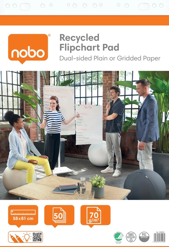 Nobo Recycled Flipchart Pad 58x81cm, Dual-Sided Plain or Gridded Paper, 50 Sheet, 70g/m², 1 Pack, Rolled