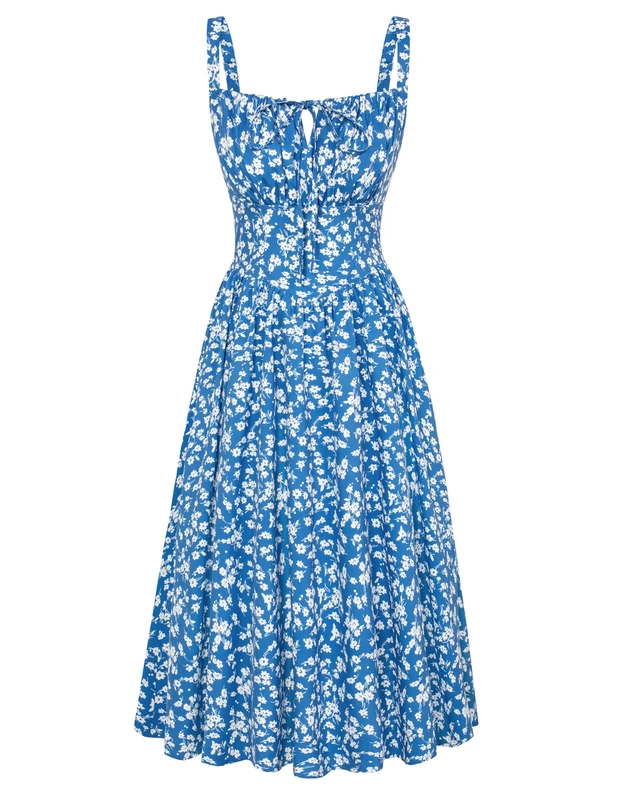 Scarlet Darkness Floral Printed Corset Dress Ruched Bust Cami Dress Flowy Sundress, Blue White Floral, L