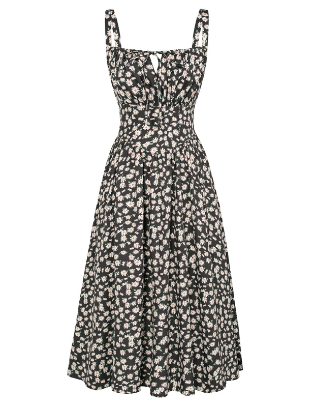 Scarlet Darkness Floral Printed Corset Dress Ruched Bust Cami Dress Flowy Sundress, Black Floral, S