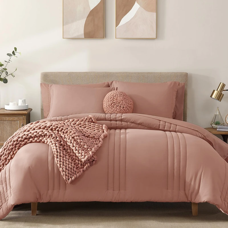 Monbix - Queen Size Comforter Set - 7 Pieces All Season Comforter Bedding Set with Sheets, Decorative Shams and Pillow Shams, Clay Pink