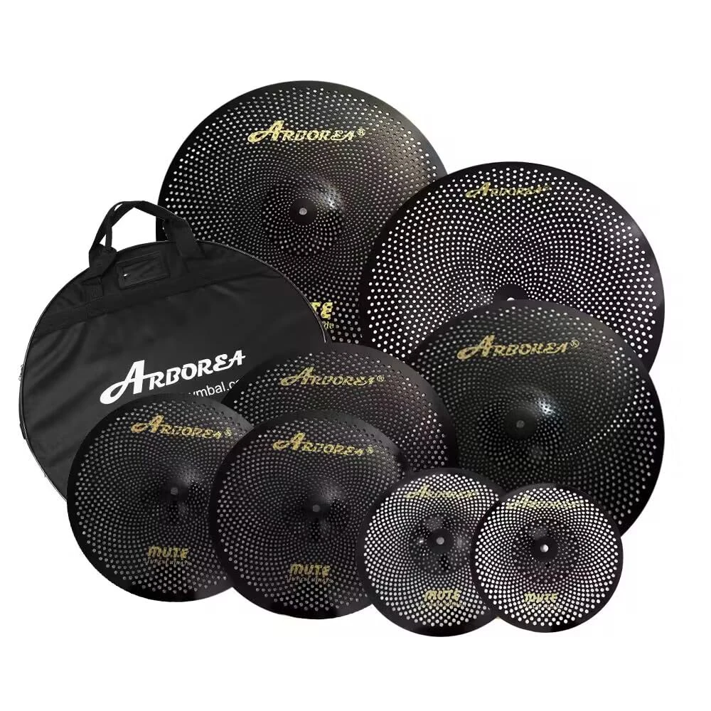 Arborea Low Volume Cymbal Pack 8pcs Black Quiet Practice Cymbals for Drums Set 10"/12"Splash/14"Hihats/16"Crash/18"Crash/20"Ride/18"China Silent Cymbal with Cymbal Bag a Pair of Drumsticks