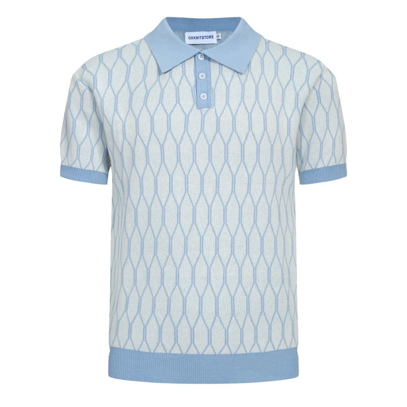 OXKNIT Men's Casual 1960s Mod Style Knit Retro Polo Shirts, Short-Sleeve, Soft, Comfortable, Available in Big Tall, Light Blue Flower, Medium - Image 1