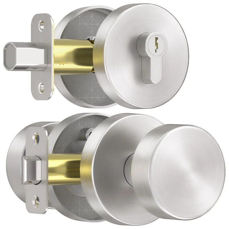 naubea Round Exterior Door Knob with Single Cylinder Deadbolt Lock, Brushed Nickel Front Door Handle Set
