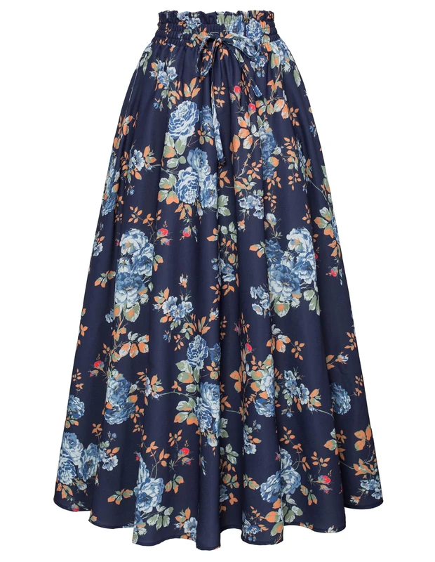 SCARLET DARKNESS Victorian Maxi Skirts for Women Summer Floral Long Skirt with Pockets, Midnight Bloom, S
