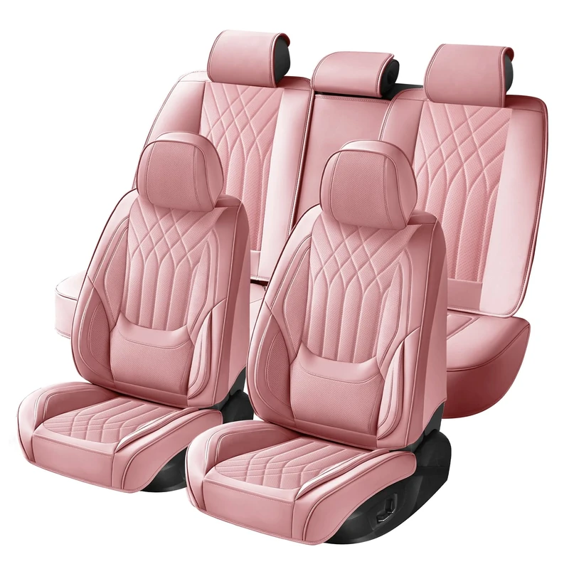 GEZHOUBA Car Seat Cover Sets Premium Waterproof Faux Leather Cushion Car Interior Seat Protector, Universal fit for Most Cars SUVs and Trucks (Pink, Full Set)