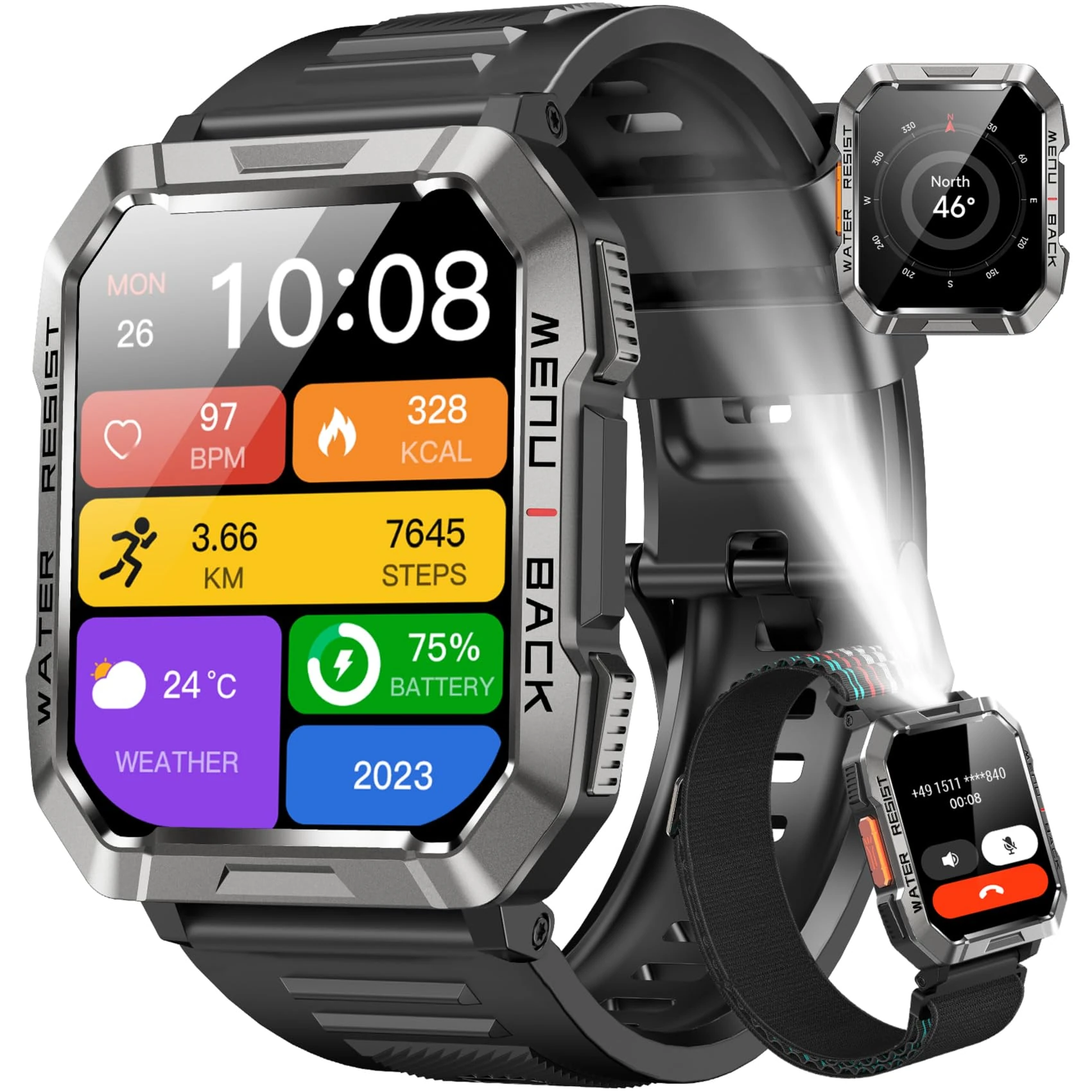 Blackview Military Smart Watch for Men - Answer/Make Calls, 2.01" Outdoor Sports Fitness Tracker with 900mAh Battery/Flashlight/Compass/Heart Rate/SpO2/Sleep, 120+ Sports Smartwatch for Android iOS
