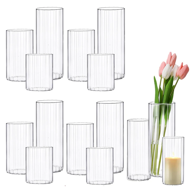PHOSPHOR Hurricane Candle Holders for Pillar Candle 6'', 8'', 10'' Tall Glass Cylinder Centerpieces Vases Floral 12 Pieces